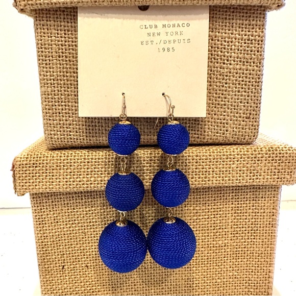 NWT Club Monaco Earrings- triple royal blue fabric baubles, gold tone - Picture 1 of 6